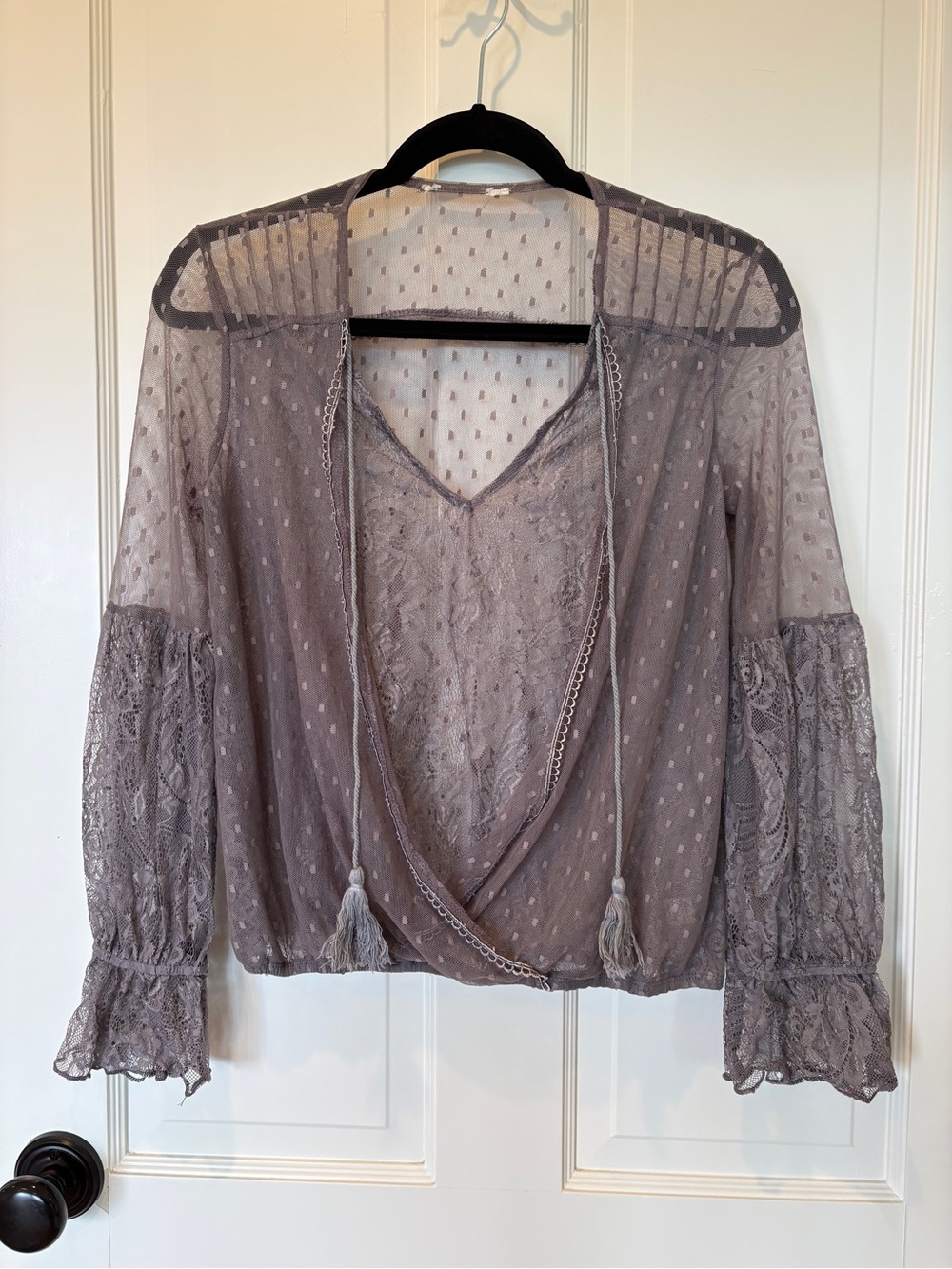 Free People Greyish Lavender sheer lace blouse